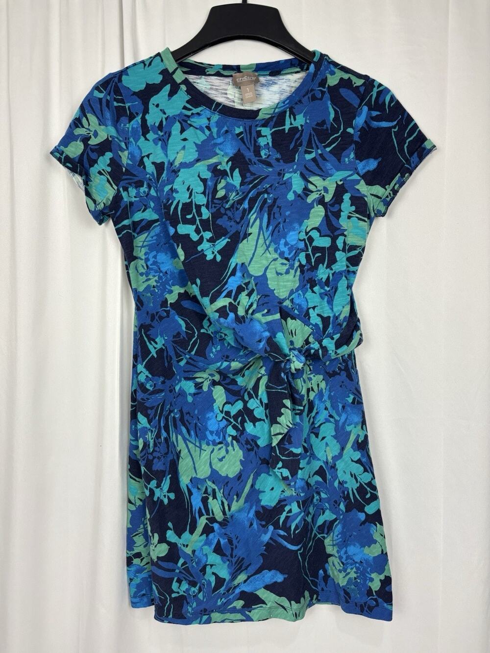 Chico’s Tie Front Blue Green Floral Short Sleeve T-Shirt Dress S